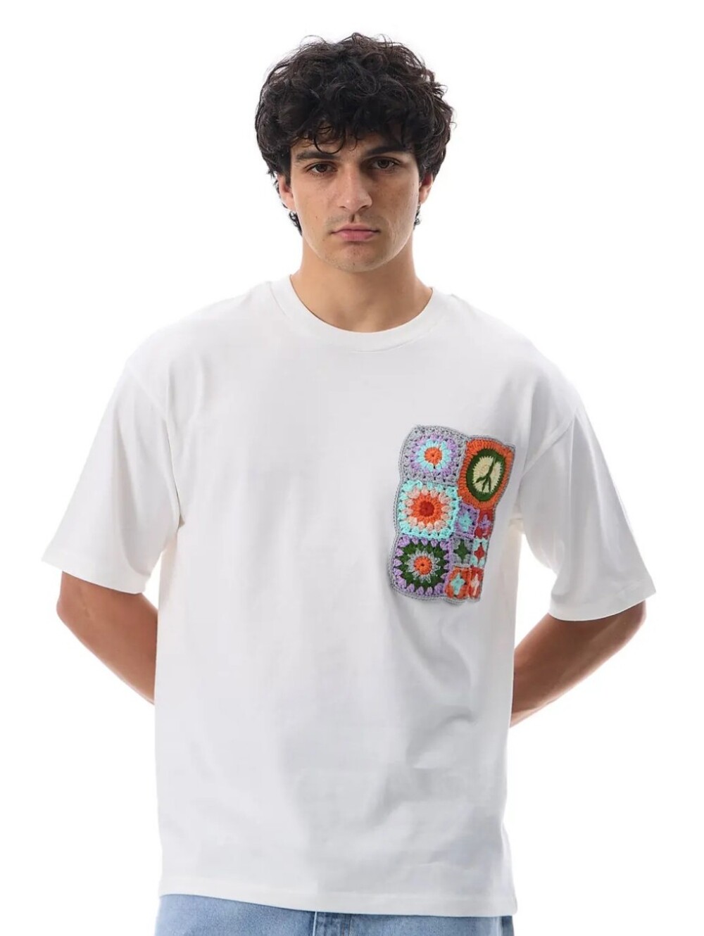 Zara White Short Sleeve Tee with Multicolor Crochet Patch Peace Granny Grandpa